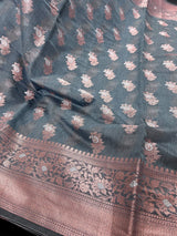 Light Grey Semi Banarasi Silk Saree with Copper Zari - Floral Pattern in Copper and Sliver Zari - Kaash