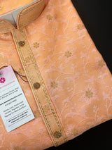 Light Peach men's kurta pajama in soft silk (non-pure) with self-design with small zari weave flower — Kaash Collection