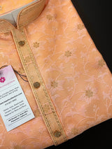 Light Peach Men Kurta Pajama in Floral Self Design material with small Zari Weave Flower | Mens Ethnic Wear - Kaash