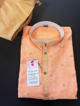 Light Peach Men Kurta Pajama in Floral Self Design material with small Zari Weave Flower | Mens Ethnic Wear - Kaash