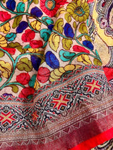 Light Peach Pure Linen saree in pure linen by linen with radha-krishna pallu with zari border — Kaash Collection