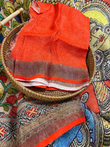 Light Peach Pure Linen by Linen with Zari Border - Radha-Krishna Images on the Pallu - Linen Saree - Digital Printed Linen Sarees - Kaash