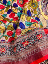 Light Peach Pure Linen by Linen with Zari Border - Radha-Krishna Images on the Pallu - Linen Saree - Digital Printed Linen Sarees - Kaash