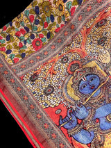 Light Peach Pure Linen by Linen with Zari Border - Radha-Krishna Images on the Pallu - Linen Saree - Digital Printed Linen Sarees - Kaash