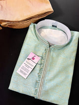 Light Sea Green men's kurta pajama in soft silk (non-pure) with floral self-embroidery on front, back & sleeves — Kaash Collection