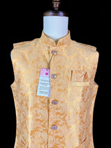 Light Yellow men's Nehru/Modi jacket in raw silk with zari weaving floral designs — Kaash Collection