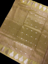 Lime Green Soft Tissue Kora saree in soft tissue kora silk with copper & silver leaf buttas with banarasi borders — Kaash Collection