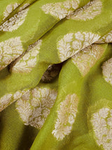 Lime Green with Maroon Red pure banarasi georgette silk saree with gold zari with floral pattern & buttas — Kaash Collection