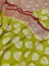 Lime Green with Maroon Red pure banarasi georgette silk saree with gold zari with floral pattern & buttas — Kaash Collection