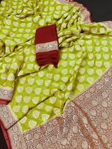 Lime Green with Maroon Red pure banarasi georgette silk saree with gold zari with floral pattern & buttas — Kaash Collection