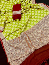 Lime Green with Maroon Red pure banarasi georgette silk saree with gold zari with floral pattern & buttas — Kaash Collection