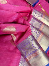 Magenta Rose Pink Cotton Silk Banarasi saree in soft cotton silk with zari buttas with 7.5" banarasi border — Kaash Collection