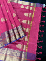 Magenta Rose Pink Cotton Silk Banarasi saree in soft cotton silk with zari buttas with 7.5" banarasi border — Kaash Collection