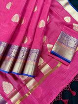 Magenta Rose Pink Cotton Silk Banarasi saree in soft cotton silk with zari buttas with 7.5" banarasi border — Kaash Collection