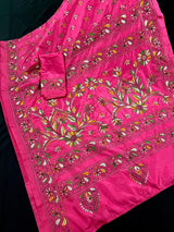 Magenta Deep Pink hand Kantha stitch saree on Bangalori silk — Kaash Collection