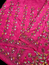 Magenta Deep Pink Color Bangalori Silk Saree with Handwoven Kantha Stitch - Kantha Saress - Embroidered Sarees - Kaash