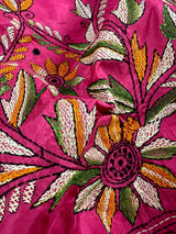 Magenta Deep Pink Color Bangalori Silk Saree with Handwoven Kantha Stitch - Kantha Saress - Embroidered Sarees - Kaash