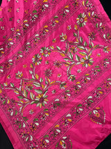 Magenta Deep Pink Color Bangalori Silk Saree with Handwoven Kantha Stitch - Kantha Saress - Embroidered Sarees - Kaash