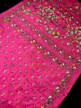 Magenta Deep Pink Color Bangalori Silk Saree with Handwoven Kantha Stitch - Kantha Saress - Embroidered Sarees - Kaash