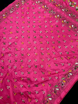 Magenta Deep Pink Color Bangalori Silk Saree with Handwoven Kantha Stitch - Kantha Saress - Embroidered Sarees - Kaash