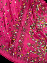 Magenta Deep Pink Color Bangalori Silk Saree with Handwoven Kantha Stitch - Kantha Saress - Embroidered Sarees - Kaash