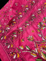 Magenta Deep Pink Color Bangalori Silk Saree with Handwoven Kantha Stitch - Kantha Saress - Embroidered Sarees - Kaash