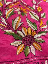 Magenta Deep Pink Color Bangalori Silk Saree with Handwoven Kantha Stitch - Kantha Saress - Embroidered Sarees - Kaash