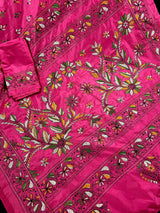 Magenta Deep Pink Color Bangalori Silk Saree with Handwoven Kantha Stitch - Kantha Saress - Embroidered Sarees - Kaash