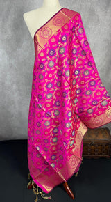 Magenta Pink Banarasi Silk Dupatta with Muted Gold Zari Weaving in Floral Pattern and Meenakari Work Dupatta | Gift For Her | Dupattas USA - Kaash