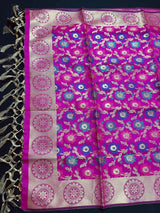Magenta Pink Banarasi Silk Dupatta with Muted Gold Zari Weaving in Floral Pattern and Meenakari Work Dupatta | Gift For Her | Dupattas USA - Kaash