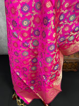 Magenta Pink Banarasi Silk Dupatta with Muted Gold Zari Weaving in Floral Pattern and Meenakari Work Dupatta | Gift For Her | Dupattas USA - Kaash