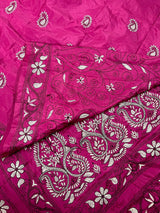 Magenta Pink with Black & White Kantha hand Kantha stitch saree on Bangalori silk — Kaash Collection