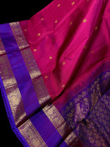 Magenta Pink with Purple-Blue Border pure kanjivaram silk saree with gold zari with peacock & elephant motifs — Kaash Collection