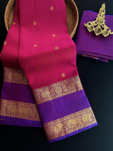 Magenta Pink with Purple-Blue Border pure kanjivaram silk saree with gold zari with peacock & elephant motifs — Kaash Collection