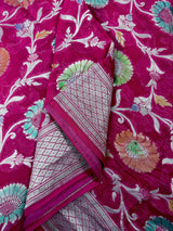 Magenta Pink Pure Khaddi Georgette Silk Saree with Water Zari and Hand Brush | Floral Sarees | SILK MARK CERTIFIED | Kaash Collection Sarees - Kaash