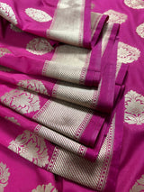 Magenta Pink Traditional Banarasi Handloom Silk Saree with Wide Border - Kaash