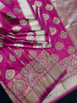 Magenta Pink Traditional Banarasi Handloom Silk Saree with Wide Border - Kaash