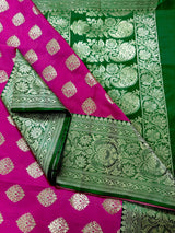 Magenta Pink with Bottle Green Banarasi saree in banarasi silk with traditional banarasi handweaving — Kaash Collection