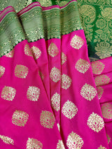 Magenta Pink with Bottle Green Banarasi saree in banarasi silk with traditional banarasi handweaving — Kaash Collection