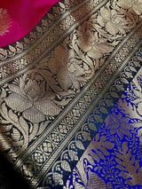 Magenta Pink with Green & Blue Banarasi saree in handloom banarasi saree with lotus motifs with 9" wide border — Kaash Collection