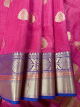 Magenta Rose Pink Banarasi saree in soft cotton silk with zari buttas with 7.5" banarasi border — Kaash Collection