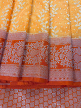 Mango Yellow & Orange Banarasi saree in banarasi silk with muted gold zari weaving — Kaash Collection