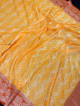 Mango Yellow & Orange Banarasi saree in banarasi silk with muted gold zari weaving — Kaash Collection