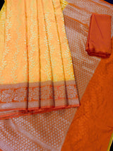 Mango Yellow & Orange Banarasi saree in banarasi silk with muted gold zari weaving — Kaash Collection