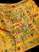Mango Yellow hand Kantha stitch saree on Bangalori silk — Kaash Collection