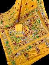 Mango Yellow hand Kantha stitch saree on Bangalori silk — Kaash Collection