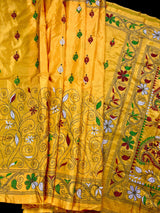 Mango Yellow Bangalori Silk Saree with Hand Kantha Stitch | Handwoven Kantha Stitch Sarees | Kantha Saress | Silk Sarees | Bengal Sarees - Kaash