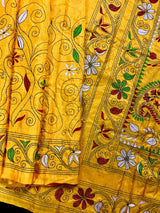 Mango Yellow Bangalori Silk Saree with Hand Kantha Stitch | Handwoven Kantha Stitch Sarees | Kantha Saress | Silk Sarees | Bengal Sarees - Kaash