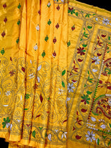 Mango Yellow Bangalori Silk Saree with Hand Kantha Stitch | Handwoven Kantha Stitch Sarees | Kantha Saress | Silk Sarees | Bengal Sarees - Kaash