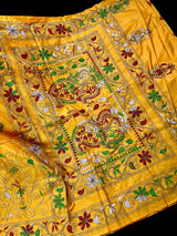 Mango Yellow Bangalori Silk Saree with Hand Kantha Stitch | Handwoven Kantha Stitch Sarees | Kantha Saress | Silk Sarees | Bengal Sarees - Kaash